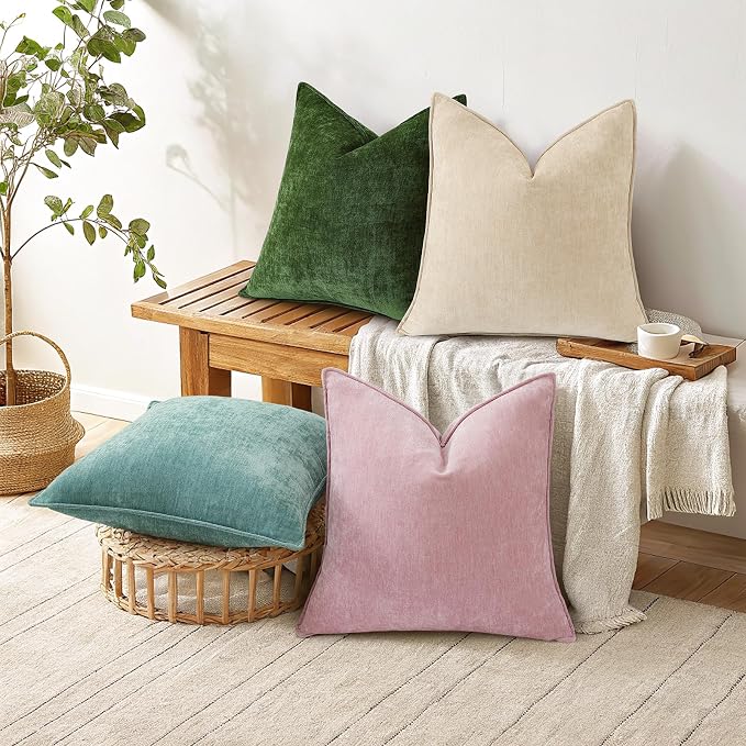 decorUhome Fall Couch Throw Pillow Covers 18x18 Set of 2, Decorative Soft Velvet Modern Cozy Chenille Pillow Cases with Elegant Design for Sofa Bed Living Room Home Decor, Beige