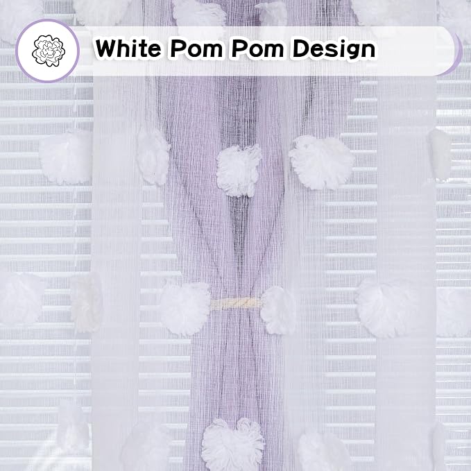 MYSKY HOME Girls Curtains for Bedroom Lilac Curtains 90 Inches Long Nursery Curtains White Pom Pom Sheer Curtains for Dining Room Grommet Double Layer Toddler Room Darkening Window Panels W52 X L90
