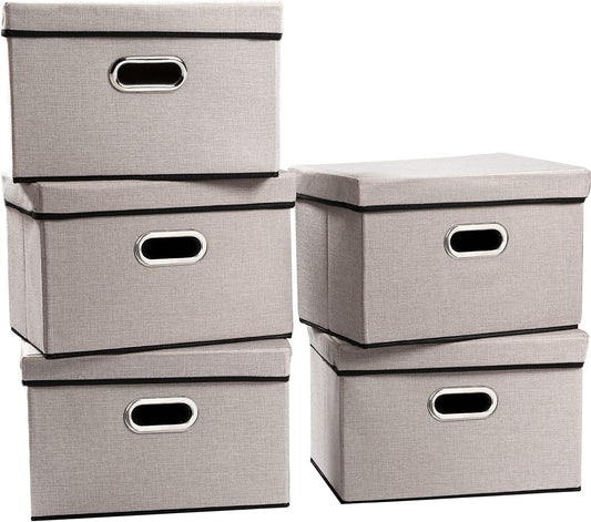 PRANDOM Foldable Storage Bin with Lid [5-Pack] Linen Fabric Decorative Storage Box Organizer Container Basket Cube with Handles Divider for Closet Office Living Room Light Grey(14.9x9.8x9.8)