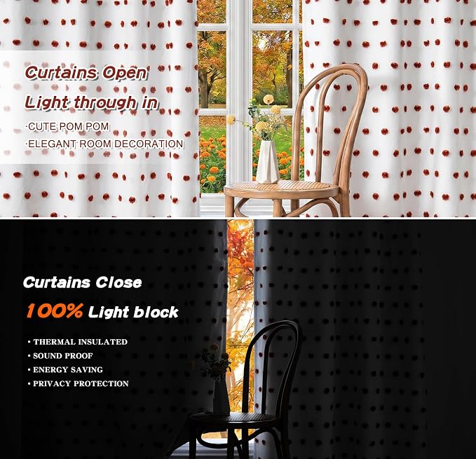 MYSKY HOME Blackout Bohemian Curtains for Living Room 95 Inch Long Nursery Curtain for Sliding Door Grommet 100% Room Darkening Bedroom Drapes with Brick Red Pom Pom Sheer 52 x 95 in, 2 Panels