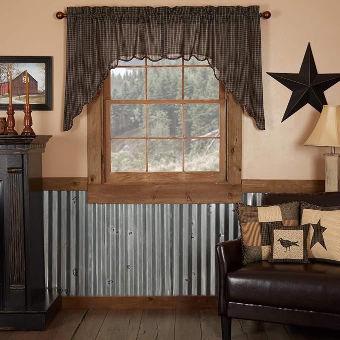 VHC Brands Kettle Grove Window Curtains, Plaid Swag Scalloped Set of 2 36x36x16