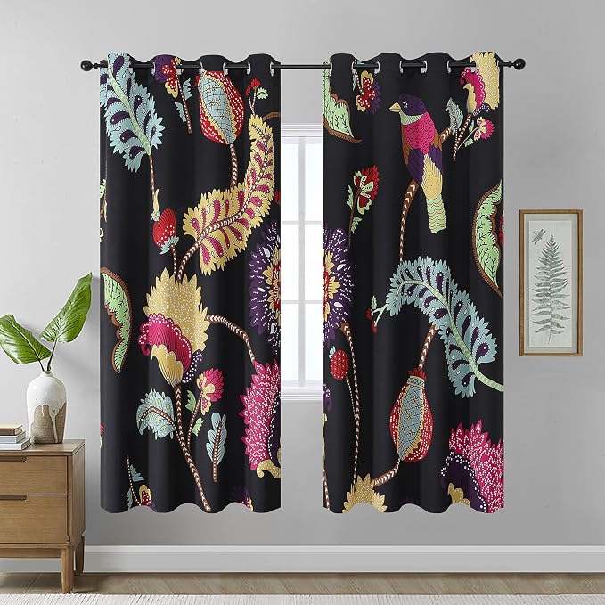 Estelar Textiler Floral Botanical Print Blackout Curtains for Bedroom 72 inch Length 2 Panels Set, Garden Elegant Style Birds Print Pattern Grommet Curtain for Living Room,52Wx72L Inch