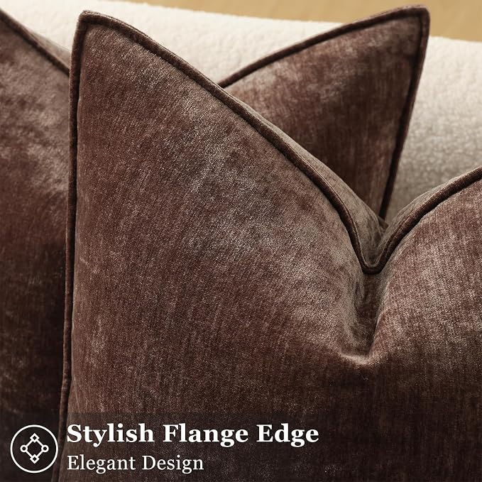 decorUhome Fall Couch Euro Sham Throw Pillow Covers 24x24 Set of 2, Decorative Soft Velvet Modern Cozy Chenille Pillow Cases with Elegant Design for Sofa Bed Living Room Home Decor, Dark Brown