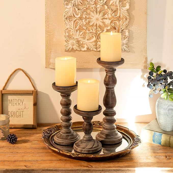 Wooden Pillar Candle Holder: Rustic Brown Candle Stand Wood Distressed Candleholders Farmhouse Fall Decor for Christmas Fireplace Mantle Dining Table Living Room Shelf Set of 3