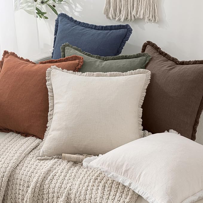 MIULEE Decorative Throw Pillow Covers Neutral Linen Fringe Throw Pillows Euro Shams Set of 2 Reddish Brown Boho Farmhouse Cushion Covers for Couch Sofa Bed Living Room Fall Home Decor 26x26 Inch