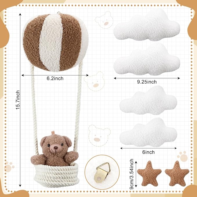 Chumia 7 Pcs Teddy Bear Nursery Wall Decor Hot Air Balloon Nursery Wall Art with Clouds Star Soft Plush Baby Room Decor Gender Neutral for Bedroom Playroom Decoration