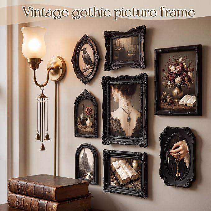 Lineshading 8 Pcs Gothic Picture Vintage Gallery Wall Frame Set, 8x10, 5x7 & 4x6 Antique Black Ornate Resin Picture Frame Collage Gothic Home Decor for Wall Tabletop Display for Bedroom