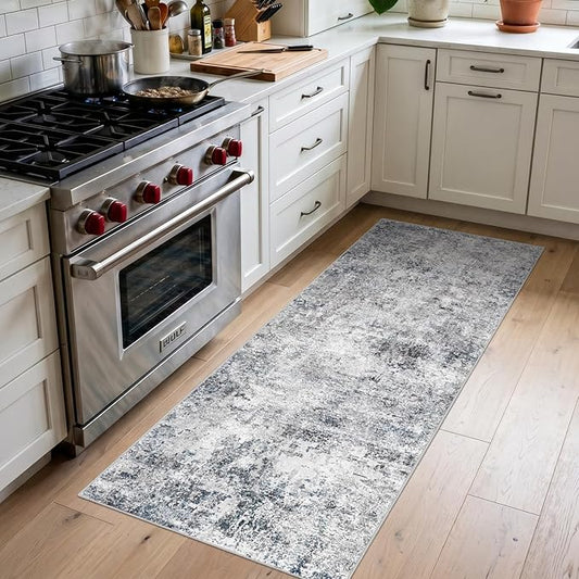 2x5 Washable Kitchen Runner Rug – Abstract Non-Slip Mat with Rubber Backing Indoor Modern Runner Rugs Low-Pile Soft Carpet for Hallway, Bedroom, Entryway, Hardwood (Blue Gray, 2x5)