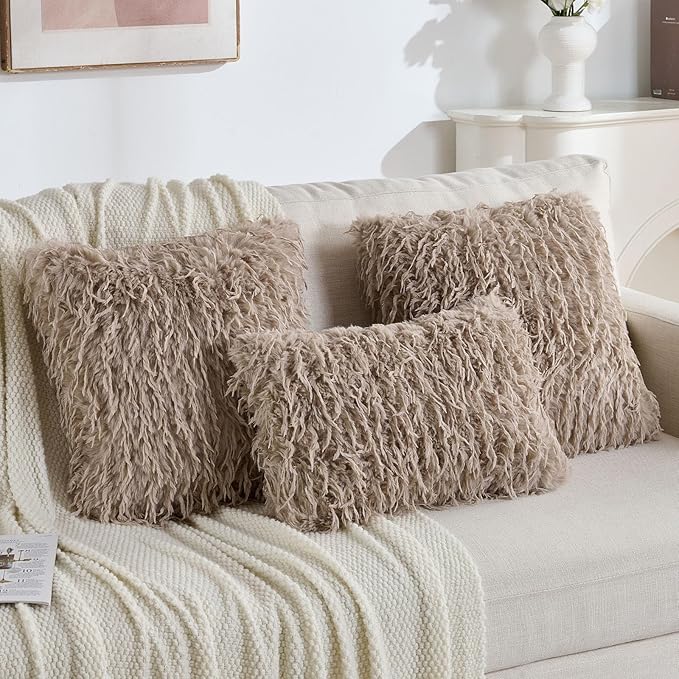 FUTEI Pack of 2 Faux Feather Plush Throw Pillow Covers 20x20 Inch Soft Fluffy Solid Farmhouse Decorative Cushion Cases Modern Luxury Accent for Couch Bed Living Room, Khaki