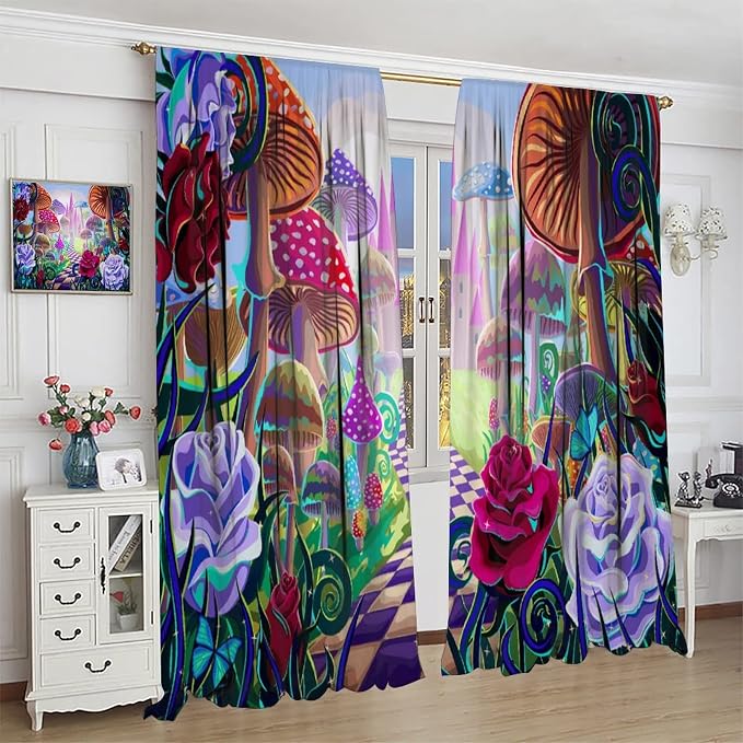 Fantasy Mushroom Curtains,Fairytale Forest Plant Castle Print Window Treatments for Bedroom Living Room Kitchen Colorful Cartoon Floral Window Drapes 2 Panels Set,Total Size72 x 63 Inch