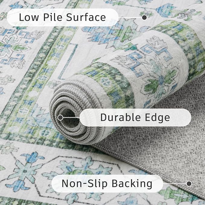 DCX Green 4x6 Rug, Kid & Pet Friendly with Rubber Back Non Slip, Machine Washable Stain Resistant Vintage Boho Floral Rug for Living Room, Bedroom, Soft Low Pile Large Nursery Carpet