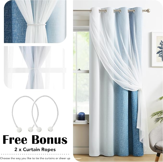 Ombre 100% Blackout Curtains 63 Inches Long 2 Panels for Bedroom Living Room Blue and White Double Layer Sheer Overlay Mix & Match Grommet Thermal Soundproof Drapes with Tiebacks, 52x63