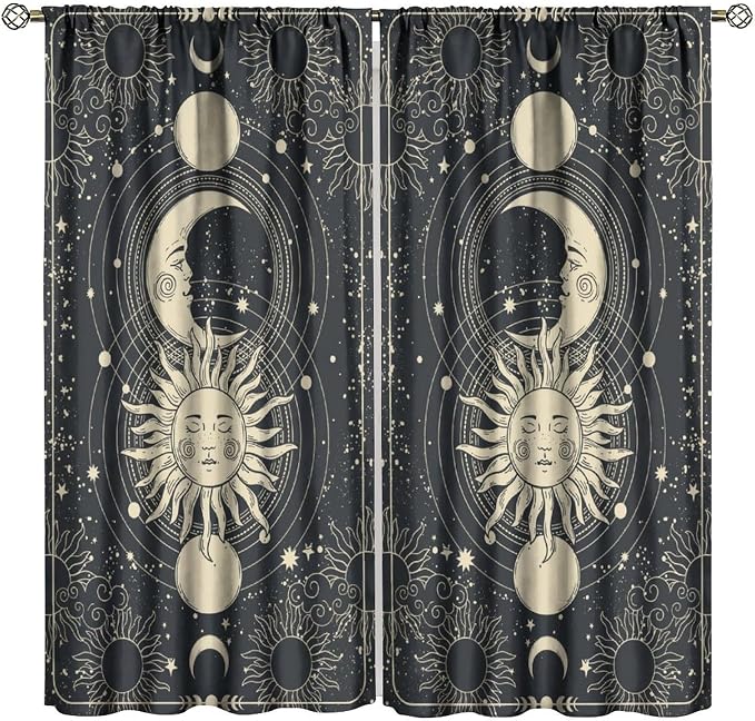 Sun Moon Blackout Curtains, Bohemia Retro Moon Phase Gothic Rod Pocket Window Treatment Drapes for Bedroom Living Room 72" W X 63" L