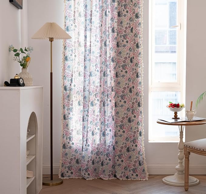 OYX Boho Crochet Curtains 96 Inch Length 2 Panels for Living Room, Bedroom Light Filtering Drapes, Farmhouse Vintage Country French Rustic Tassels Pattern Rod Pocket Aesthetic Decor Window Treatments