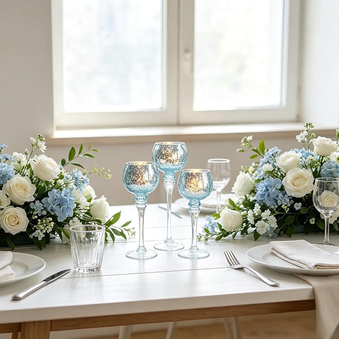 Hosley Elevate Ambiance with Set of 3 Crackle Blue Glass Tealight Holders 12 Inch, 10 Inch, 9 Inch Stylish Home Decor for Unique Candle Displays