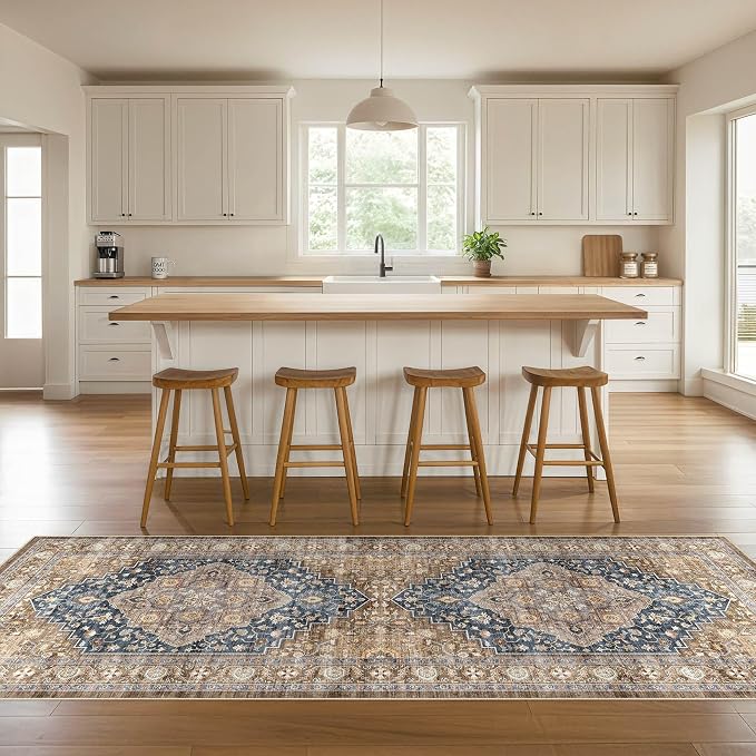 Runner Rug Kitchen Washable Rugs: 3x8 Non-Slip Boho Vintage Stain Resistant Indoor Neutral Farmhouse Throw Carpet for Hallway Bathroom Laundry Room Entryway Bedroom- Yellow Blue