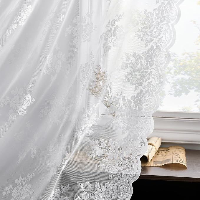 Kotile White Lace Curtains 36 Inch Length 2 Panels Set, Country Rustic Floral Short Lace Kitchen Curtains Over Blinds, Rod Pocket Privacy Sheer Lace Café Curtains for Small Windows, Each 52 x 36 Inch