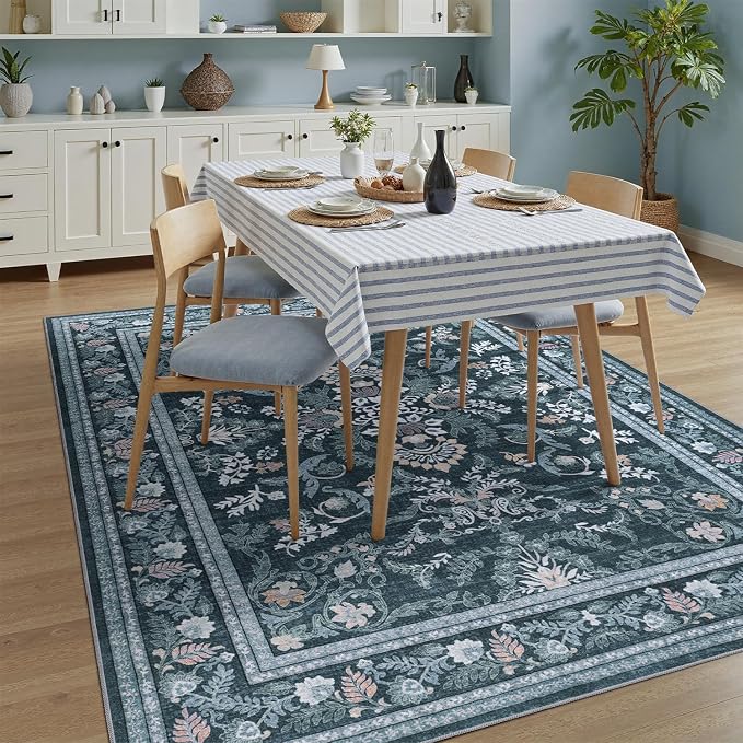 DCX Navy Blue 6x9 Area Rug, Machine Washable Non Slip Stain Resistant Soft Vintage Floral Rug, for Living Room, Bedroom, Dining Room, Soft Low Pile Large Carpet