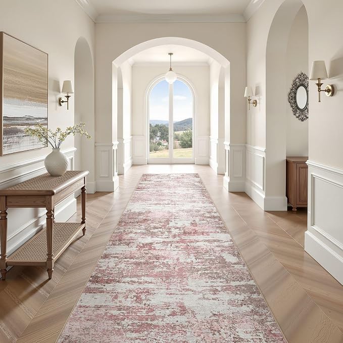 Area Rugs for Living Room: 3x14 Abstract Washable Rug Modern Neutral Large Soft Stain Resistant Non-Slip Backing Machine Table for Bedroom Dining Room Indoor Home Office Carpet - Pink