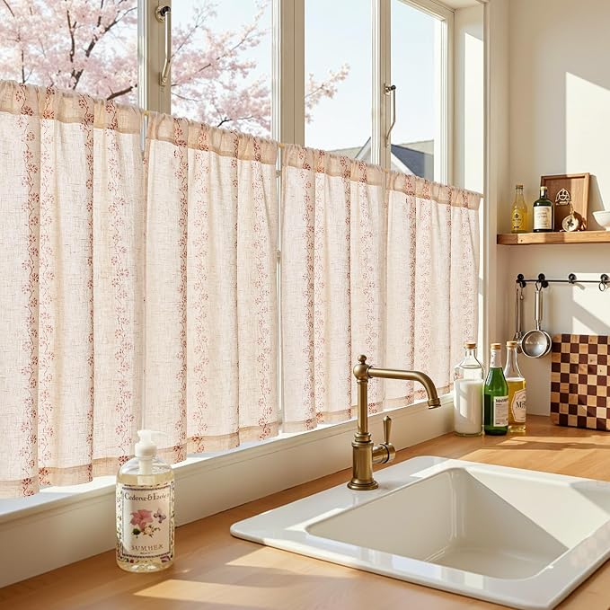 jinchan Katy Linen Floral Kitchen Curtains 30 Inches Length Stripe Cafe Curtains Farmhouse Cottagecore Tier Small Window Drapes for Living Room Light Filtering Rod Pocket 2 Panels Terracotta on Linen