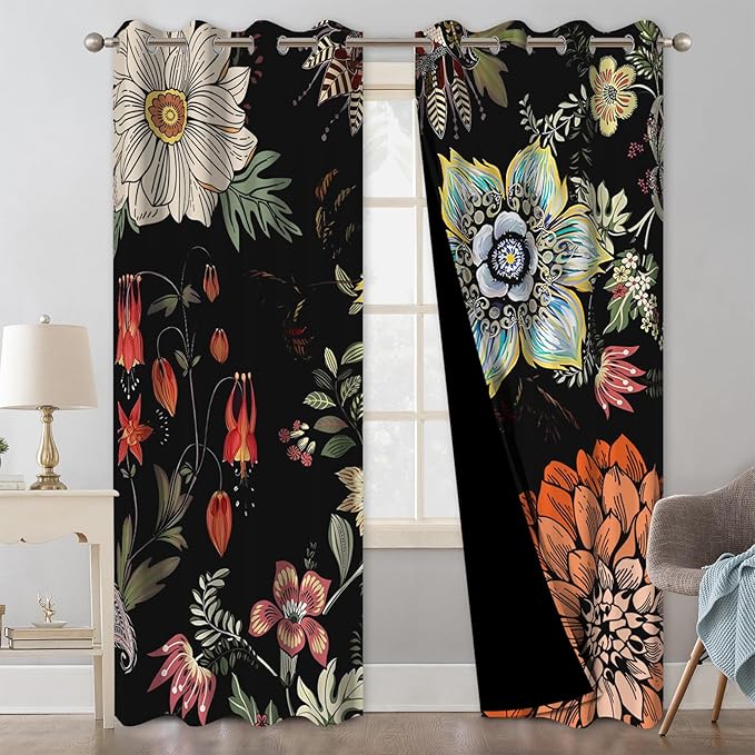 Boho Blackout Curtains for Bedroom, Black Out Window Bedroom Curtains 84 Inch Length 2 Panels Set, Floral Thermal Insulated Room Darkening Blackout Curtains for Living Room with Two Curtain Tiebacks