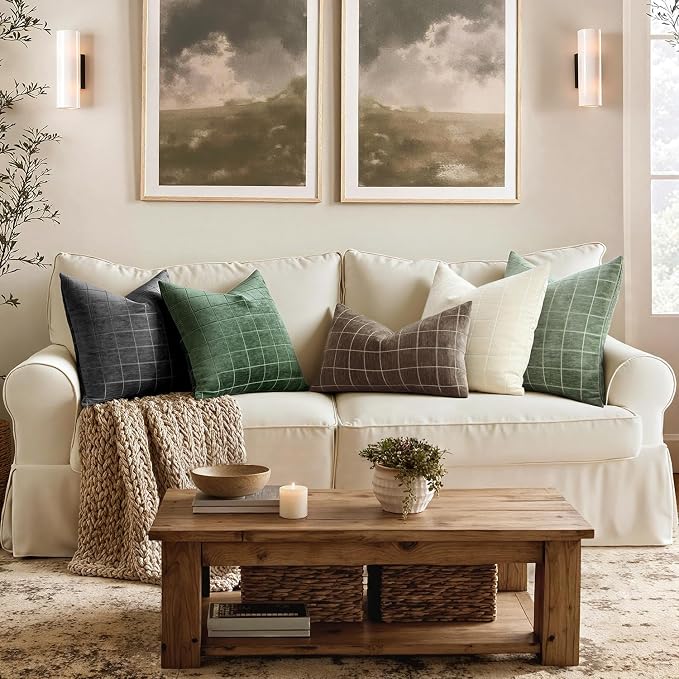 MIULEE Sage Plaid Decorative Throw Pillow Covers 20x20 Set of 2 | Vintage Check Chenille Couch Pillows Neutral Boho Farmhouse Cushion Covers Modern Home Decor for Sofa Bed Living Room
