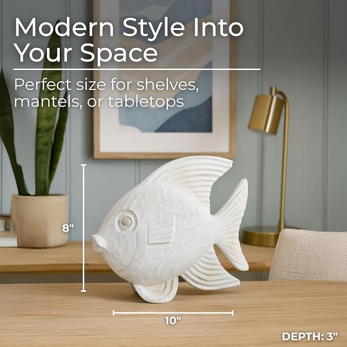 Coastal Fish Decorative Figurine – Handcrafted Polyresin Nautical Decor Sculpture – Figurines & Sculptures Home Decor for Office, Bedroom & Living Room – 10", Whitewash