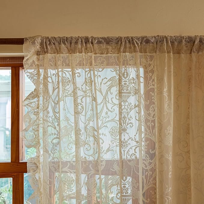 TUDECO Sheer Beige Curtains 72 Inch Length 2 Panels - French Country Vintage Lace Curtains with Flower Bird Pattern and Ruffle Edges, Rod Pocket Privacy Drapes for Dining Room Doorway, 59 x 72 Inch