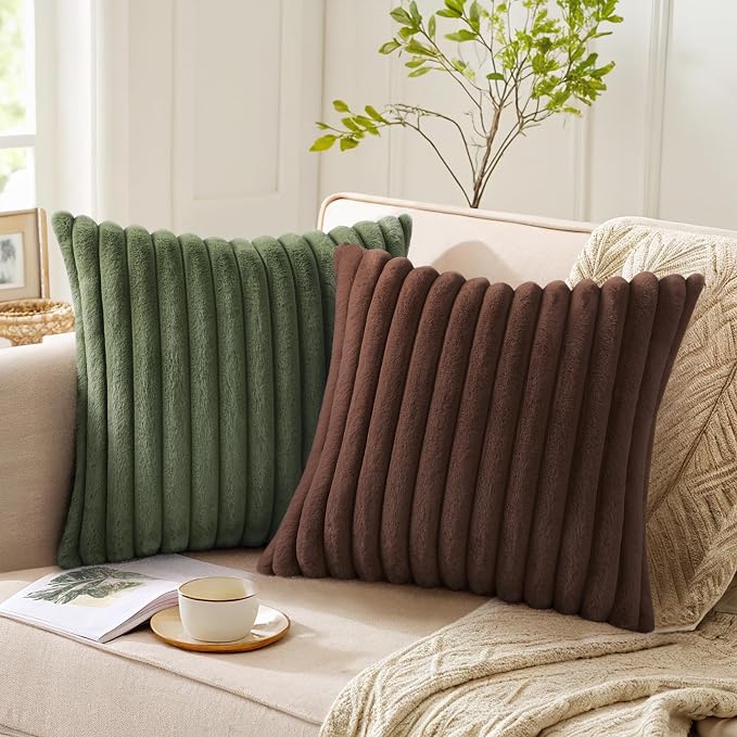 Pallene Faux Fur Plush Throw Pillow Covers 26x26 Set of 2, Luxury Soft Fluffy Striped Decorative Pillow Covers for Sofa, Couch, Living Room, Dark Brown