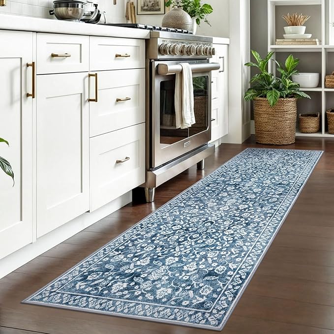 Vintage 2x7 Runner Rug, Blue and White Washable Runners for hallways, Super Soft Kitchen Runner Rug Non Slip, Print Faux Wool Floral Thin Carpet Runner for Entryway Indoor Bedside Runner