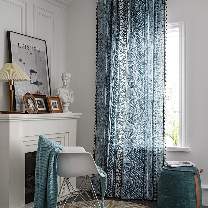 ColorBird Blue Boho Curtains 63 Inch Farmhouse MCM Western Striped Aztec Light Filtering Window Treatment Patterned Drapes for Bedroom Living Dining Room Kitchen Boho Chic Decor