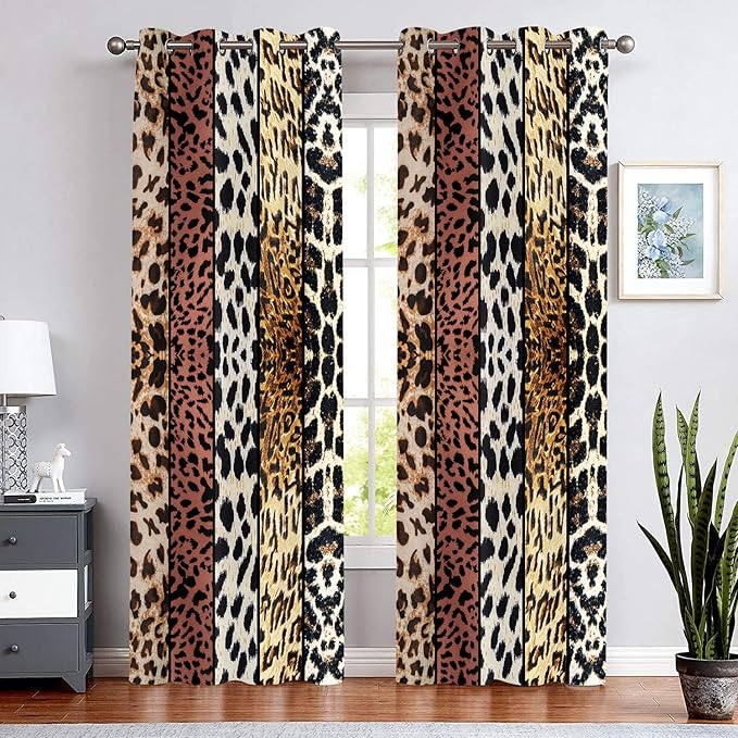 Wild Animal Print Curtain, Room Darkening Thermal Insulated Blackout Leopard Boa Window Drapes with Grommets for Living, Dining, Bedroom, Brown Leopard Print, 42"x 84", 2 Panels