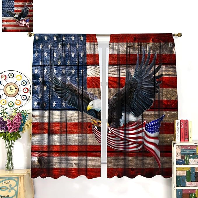 American Flag Curtains, Rustic 4th of July Independence Day Bald Eagle USA Stars Drapes for Bedroom Living Room Kitchen Window Treatment 2 Panels Set Total Size 63" W X 72" L Inch