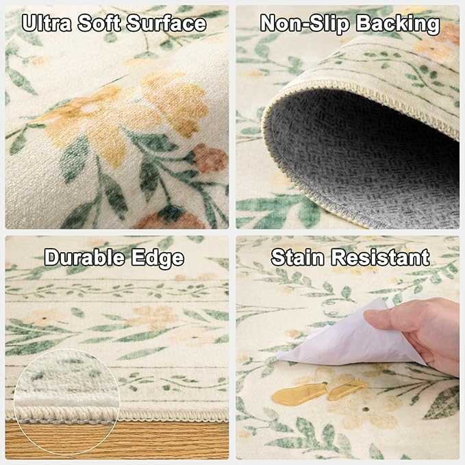 Runner Rug for Entryway: 2x5 Kitchen Rugs Non Slip Washable Ultra-Thin Soft Floral Carpet Indoor Floor Stain Resistant Carpets for Hallway Bedroom Kitchen Laundry Bathroom Dorm Beige/Multi