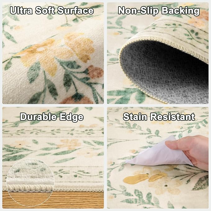 Runner Rug for Entryway: 3x10 Kitchen Rugs Non Slip Washable Ultra-Thin Soft Floral Carpet Indoor Floor Stain Resistant Carpets for Hallway Bedroom Kitchen Laundry Bathroom Dorm Beige/Multi
