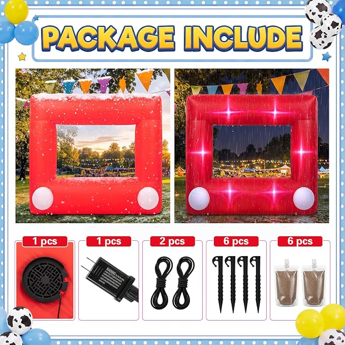 Soulchen 6 x 5 ft Inflatable Cartoon Story Photo Frame Decor with Built in LEDs Lighted and Air Blower, Large Red Blow up Giant Picture Frame for Birthday Photo Props
