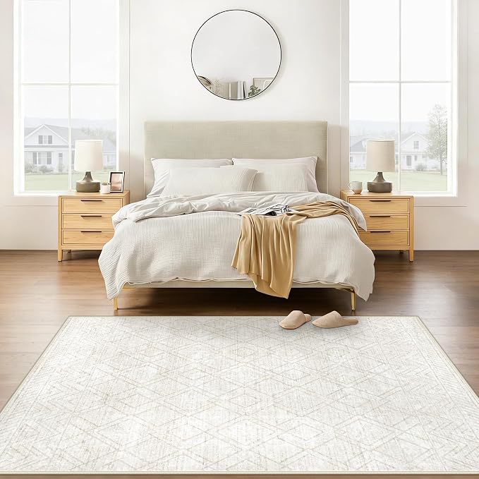 Area Rugs 5x7 Living Room Rug: Washable Geometric Moroccan Neutral Rugs Boho Modern Non Slip Area Rug Soft Indoor Floor Low Pile Carpet for Bedroom Nursery Dining Room Home Office (Beige, 5'x7')