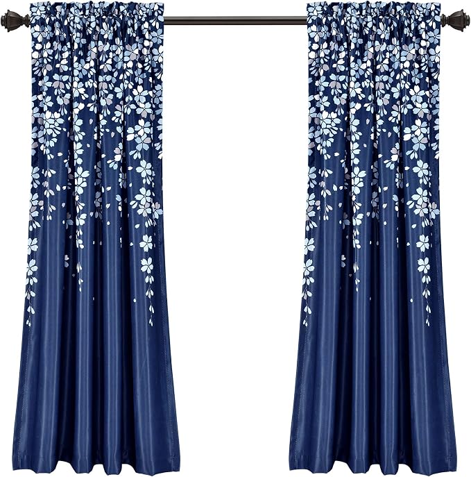 Lush Decor Weeping Flower Light Filtering Window Curtain Panels, Pair, 52"W x 63"L + 2" Header, Navy - Charming Modern Floral Curtains for Living Room, Dining Room, & Bedroom