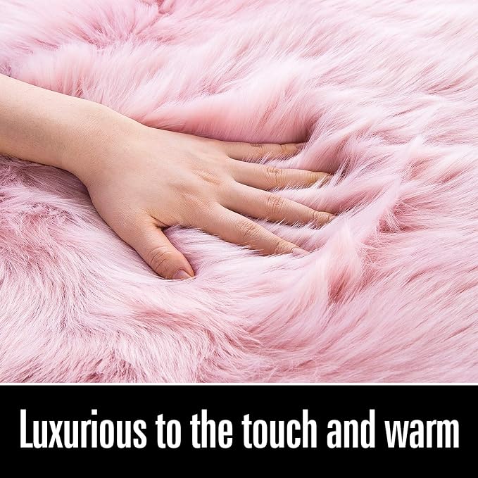 LOCHAS Soft Fluffy Faux Fur Rugs for Bedroom Bedside Rug 3x5 Feet, Washable, Furry Sheepskin Area Rug for Living Room Girls Room, Luxury Shag Carpet Home Decor, Pink
