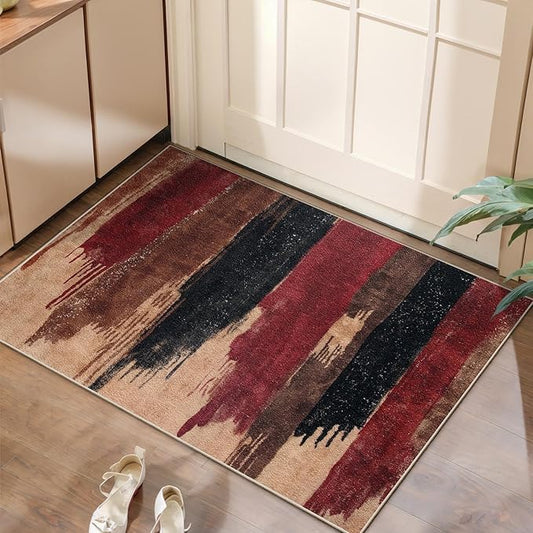 Ciicool Modern Abstract Area Rug 2x3 Washable Small Entryway Rugs,Red Black Non-Slip Low Pile Throw Entry Rug, Foldable Kitchen Bathroom Rugs Floor Carpet for Entrance Bedroom Indoor Doormat
