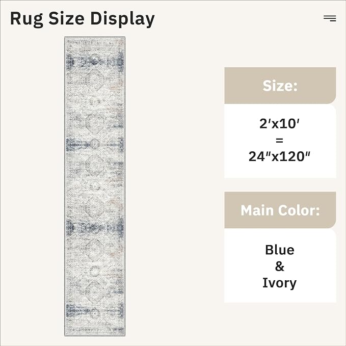 Soalmost Runner Rug 2x10 Washable Non-Slip Hallway Runner Rugs for Kitchen Bathroom Laundry Room Blue Ivory Vintage Floor Carpet Runners for Hallways Entryway