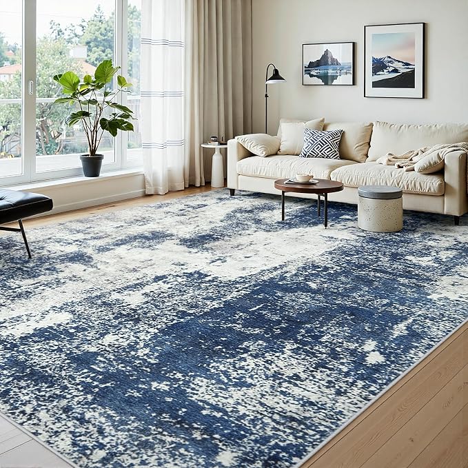 Area Rugs 10x14 Living Room: Large Soft Washable Rug Modern Abstract Anti-Skid Non-Shedding Carpet Indoor Floor Thin Carpets for Bedroom Dining Room Farmhouse Nursery Home Office Blue