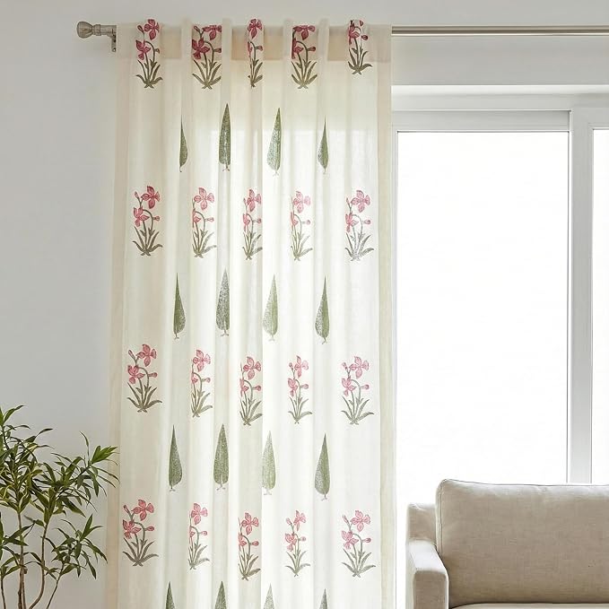 ATOSII 100% Cotton Single Panel Block Print Curtain, Easy Hanging with Rod Pocket & Loop, Living Room, Dining Room, Bedroom Light Filtering Boho Curtains, Set of 1, 60" W X 84" L, Cypress