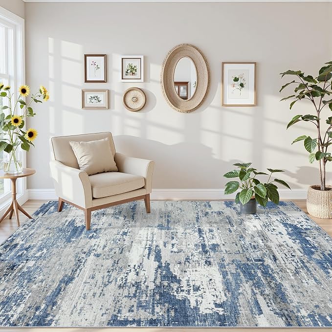Area Rugs 6x9 Living Room: Large Soft Washable Rug Modern Abstract Anti-Skid Non-Shedding Carpet Indoor Floor Thin Carpets for Bedroom Dining Room Farmhouse Nursery Home Office Grey Blue