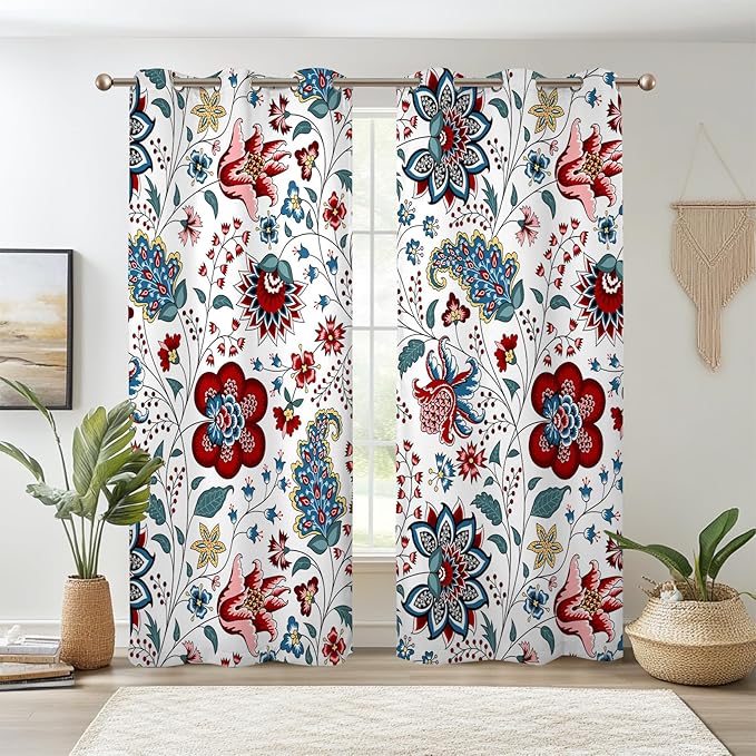 Renaiss Boho Floral Blackout Curtains, Bohemian Flower Plant Print Thermal Insulated Bedroom Window Curtains, Botanical Art Window Curtains for Kitchen, 55" L x 29" W 2 Panel Set
