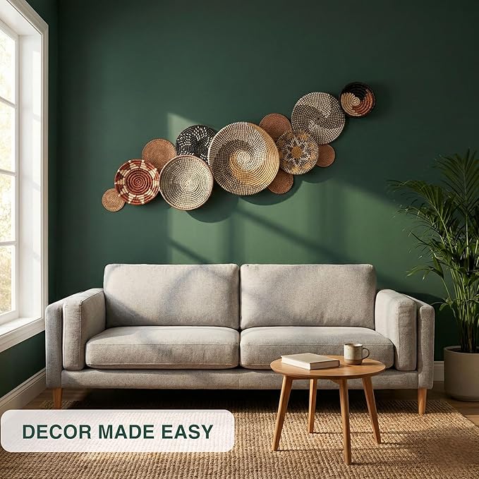 Set of 12 Woven Basket Wall Decor, Decorative Plates for Wall, Unique Wicker Wall Art Decor, Decorative Baskets for Livingroom Bedroom
