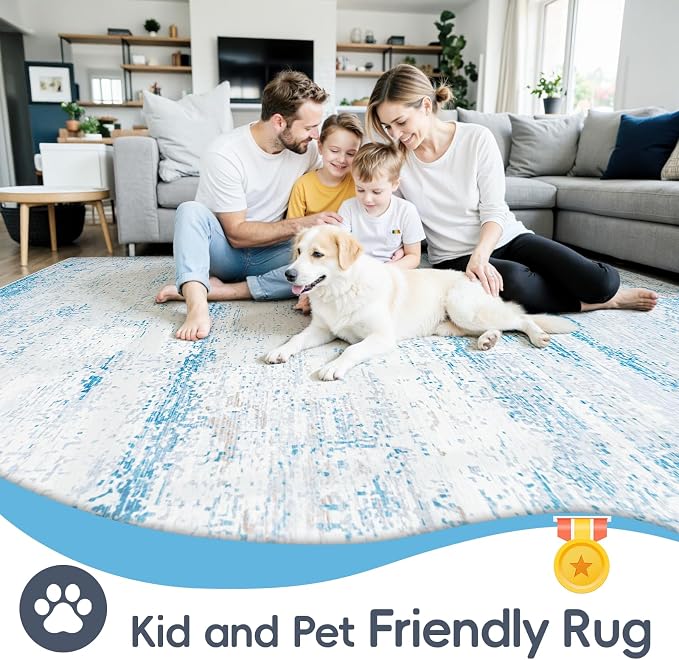 8x10 Area Rugs Washable Rug:Anti-Skid Abstract Modern Living Room Rug Soft Thin Carpets Indoor Floor Non-Shedding Carpet for Bedroom Dining Farmhouse Nursery Home Office(Light Blue/White/Beige, 8x10)