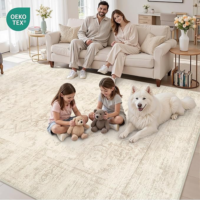 3x5 Area Rugs for Living Room: Vintage Boho Neutral Washable Rug Indoor Soft Large Area Rug Carpet for Bedroom Nursery Farmhouse Dining Room Office Floor Non-Slip Low Pile Under Table Rug Beige/Brown