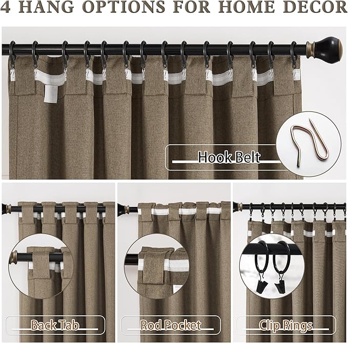 DUALIFE Chocolate Brown Flax Linen Extra Long Curtains 132 Inches Long 11 Ft for High Ceiling Living Room Pleated Back Tab Rod Pocket Hook Belt 2 Story Drapes 52 Wide 2 Panels 50x132 Inch Length