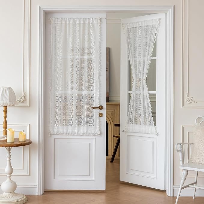 Sutuo Home White French Door Curtains 72 Inches Long for Front Door Glass & Sidelights, Cream Semi Sheer Bohemian Tassels Vintage Privacy Drapes Window Household Decoration, Rod Pocket 2 Panels 25" W